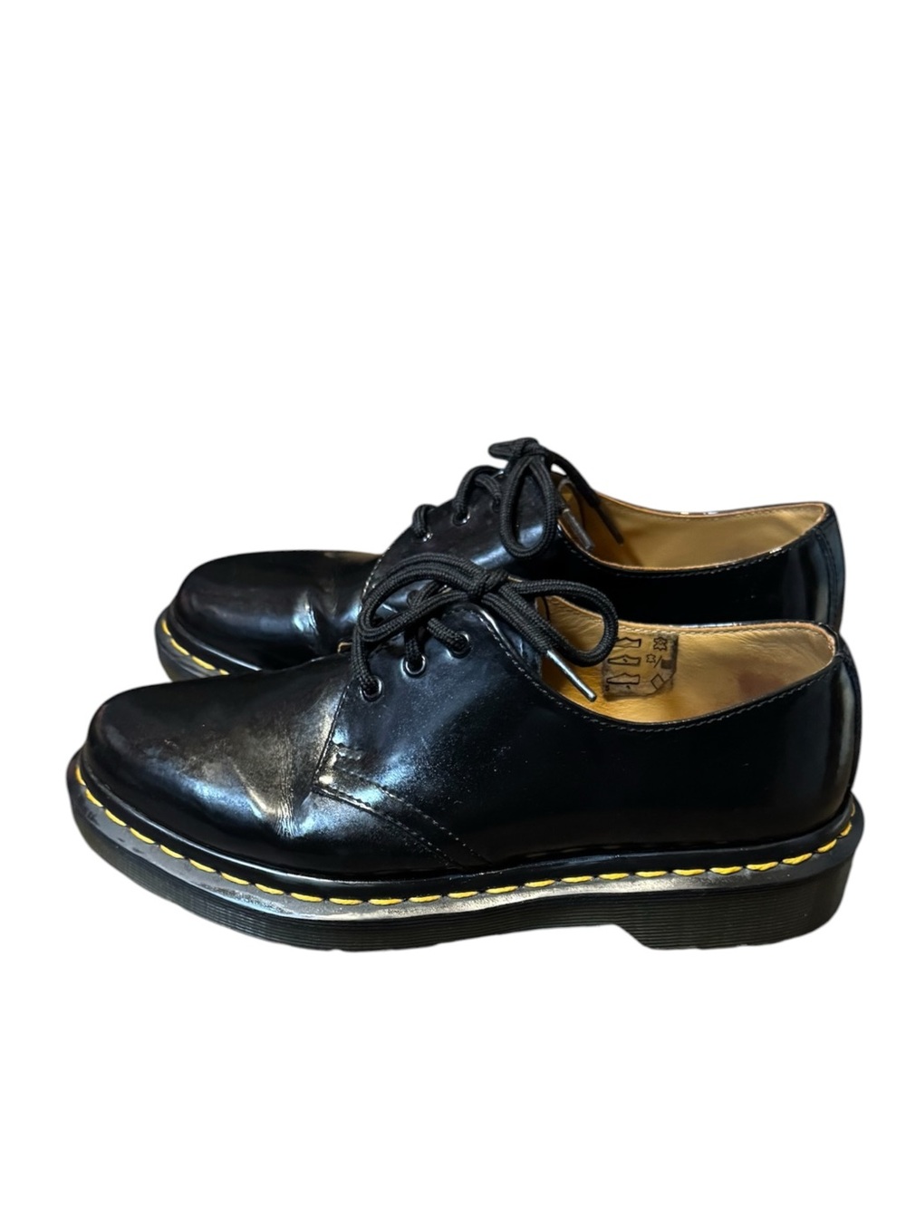 Dr. Martens 1461 Women's Black Patent Leather Oxford Shoes Yellow Stitching Sz 7